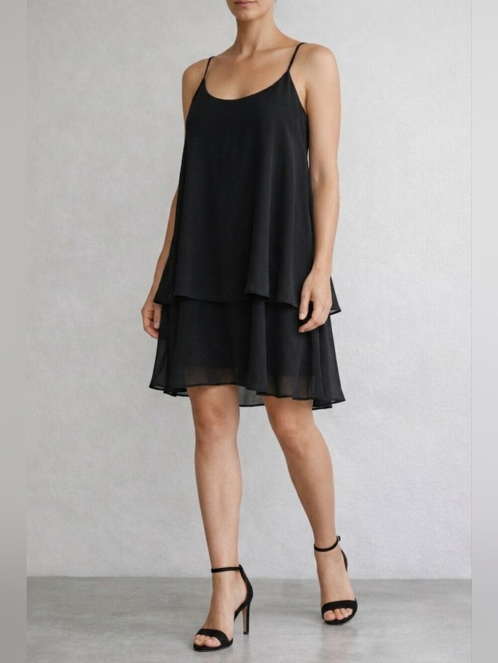 Black Chiffon Layered Cami Slip Dress M  Minimalist Coquette Dark Academia